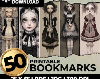 Gothic Porcelain Doll Bookmark Creepy Haunted Spooky Victorian Doll Bookmarks Printable Sublimation Ephemera Set Junk Journal A4 US Letter