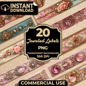 Può includere: Una collezione digitale di 20 etichette rettangolari con cornici dorate ornate, intricati decori floreali e varie pietre preziose rosa, blu e trasparenti. Le etichette sono visualizzate su uno sfondo beige testurizzato.