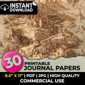 May include: A sepia-toned map illustration featuring castles, mountains, and waterways. The image includes the text "INSTANT DOWNLOAD" and a pink circle with the number "30". Below the map, the text reads "PRINTABLE JOURNAL PAPERS" and "8.5" X 11" | PDF | JPG | HIGH QUALITY COMMERCIAL USE".