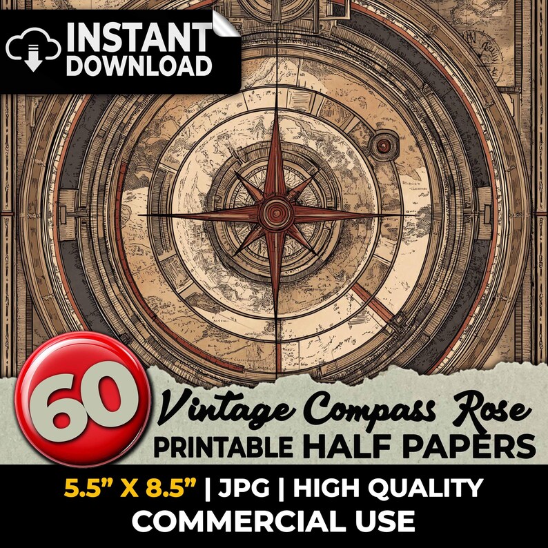 Compass Backing Paper Vintage Compass Junk Journal Printable Half Papers Ephemera Kit Collage ...
