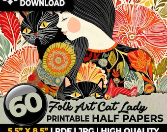 Botanical Cat Muse Folk Art Cat Mom Cat Lover Junk Journal Printable Half Paper Ephemera Kit Collage Sheet Scrapbook Sublimation Decoupage