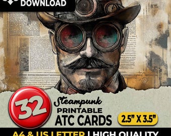 Steampunk ATC Cards Junk Journal Cards, Digital Paper Printable Journaling Cards Digital Download Scrapbooking Ephemera Sublimation