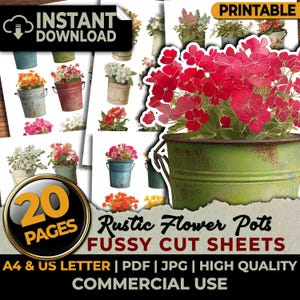 Puede incluir: Descarga digital imprimible con 20 páginas de macetas rústicas, perfectas para recortar. La imagen muestra varias macetas con flores coloridas. Incluye el texto "Descarga instantánea", "Imprimible", "Rustic Flower Pots" y "Fussy Cut Sheets".