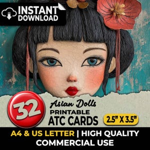 Cartões ATC Bonecas Asiáticas Vintage Junk Journal Ephemera Papéis Digitais Scrapbooking Páginas de Diário Suprimentos Imprimíveis Sublimação A4 Carta EUA