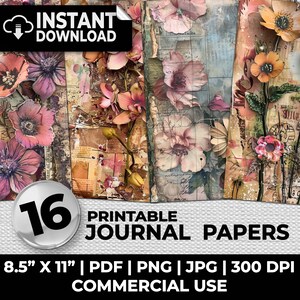 Mixed Media Flowers Journal Papers Printable Pages Ephemera Scrapbooking Collage Card Making Art Journal Sublimation Distressed Decoupage