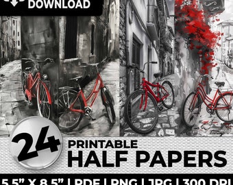 Red Bicycle Charcoal Printable Ephemera Half Paper Scrapbooking Junk Journal Papers Kit Sublimation Pages A4 & US Print and Cut Digital