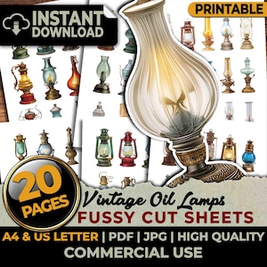 May include: A digital collection of 20 pages of printable fussy cut sheets featuring various vintage oil lamps in different colours and styles. The text on the image includes INSTANT DOWNLOAD, 20 PAGES, Vintage Oil Lamps, FUSSY CUT SHEETS, A4 & US LETTER, PDF, JPG, HIGH QUALITY, and COMMERCIAL USE.
