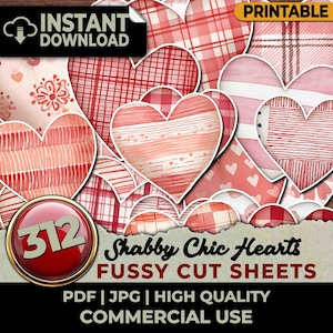 Może przedstawiać: Kolekcja czerwonych i różowych wzorów w kształcie serca z różnymi wzorami, w tym kratą i paskami. Obraz zawiera tekst "Shabby Chic Hearts Fussy Cut Sheets" i "Instant Download."