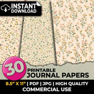 Puede incluir: Una colección de 30 papeles de diario imprimibles con diseños florales en tonos rosa, amarillo y verde sobre un fondo crema. Los papeles miden 21,6 x 27,9 cm y están disponibles en formatos PDF y JPG. La imagen incluye el texto "DESCARGA INSTANTÁNEA" y "PAPELES DE DIARIO IMPRIMIBLES".