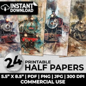 Papeles imprimibles a medias con diseño de trenes, papel desgastado para diario, sublimación, papel para álbumes de recortes, páginas para diario, papel vintage digital
