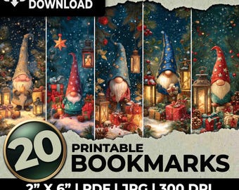 Christmas Gnome Winter Festive Cozy Noel 20 Bookmarks Printable Bookmark Sublimation Whimsical Ephemera Set Junk Journal A4 US Letter