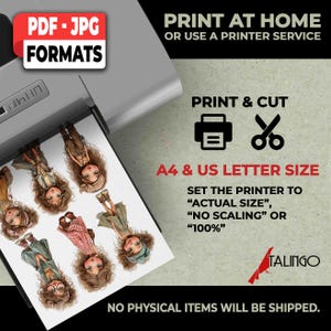 May include: A digital download sheet featuring multiple illustrations of stylized dolls with curly brown hair and various outfits. The text includes PDF-JPG FORMATS, PRINT AT HOME, PRINT & CUT, A4 & US LETTER SIZE, and instructions for printer settings.