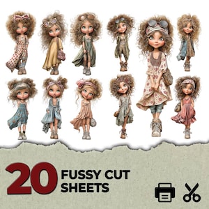 May include: A collection of eleven illustrated dolls with curly hair and varied outfits, including dresses, jackets, and headbands. The image features the text 20 FUSSY CUT SHEETS alongside a printer icon and a pair of scissors icon on a textured background.