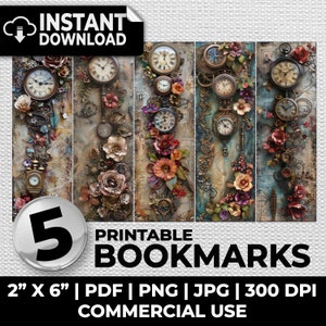 May include: Five printable bookmarks featuring vintage clock faces and floral designs. Each bookmark is 2 inches by 6 inches and is available in PDF, PNG, and JPG formats at 300 DPI. The bookmarks are suitable for commercial use.