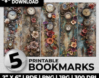 Puede incluir: Cinco marcapáginas imprimibles con carátulas de relojes vintage y diseños florales. Cada marcapáginas mide 5,1 cm por 15,2 cm y está disponible en formatos PDF, PNG y JPG a 300 DPI. Los marcapáginas son aptos para uso comercial.