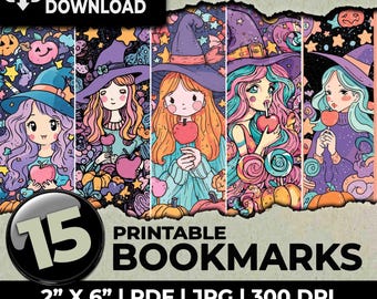Cute Witch Halloween Bookmarks Bookmark Sublimation Whimsical Ephemera Printable Bookmarks Set Junk Journal A4 & US Letter Scrapbooking