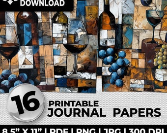 Peut inclure: Un ensemble de 16 papiers de journal imprimables présentant un design abstrait coloré avec des bouteilles de vin, des raisins et des verres à vin. Les papiers mesurent 8,5 pouces par 11 pouces et ont une résolution de 300 DPI. Ils sont disponibles pour un usage commercial.