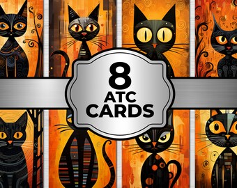 Carte ATC per gatti, fogli digitali stampabili per junk journal a tema gatti, 8 carte stampabili per junk journal, materiali per journaling mixed media, download immediato.