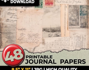 Op de afbeelding: Een collage van vintage papieren, postzegels en handgeschreven notities. De afbeelding bevat de tekst "INSTANT DOWNLOAD" en "48 PRINTABLE JOURNAL PAPERS". De papieren zijn 21,6 cm x 27,9 cm en van hoge kwaliteit voor commercieel gebruik.