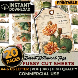 Könnte beinhalten: Druckbare Wüsten-Botaniktags mit Illustrationen von Kakteen und Blumen, zum sorgfältigen Ausschneiden. Verfügbar in A4- und US-Letter-Größen. Das Bild enthält den Text "SOFORT-DOWNLOAD" und "DRUCKBAR". Für kommerzielle Nutzung.