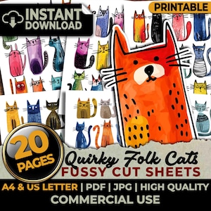 May include: A digital download featuring quirky folk cat illustrations in various colours. The image includes the text "Quirky Folk Cats Fussy Cut Sheets" and "Instant Download". The cats are in different poses and colours, including orange, blue, and yellow.