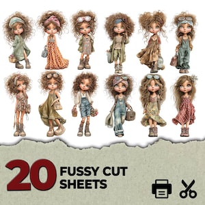 May include: A collection of 20 fussy cut sheets featuring illustrations of twelve distinct dolls with curly hair, wearing various outfits including dresses, overalls, and headbands. The text 20 FUSSY CUT SHEETS is printed in large red and black font.