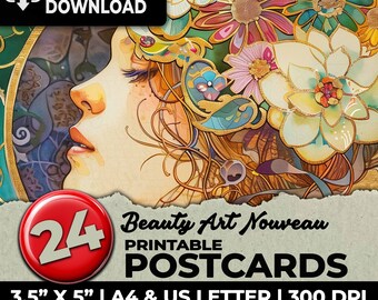 Kit de Scrapbooking Art Nouveau com Cartões Postais para Imprimir, Papéis Digitais, Páginas para Scrapbooking, Materiais para Sublimação, Formato A4 e Carta (EUA)