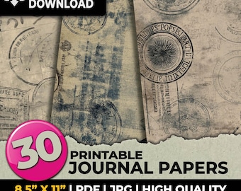 Puede incluir: Una colección de 30 papeles para diario imprimibles con una textura de pergamino beige envejecido, sellos postales circulares de color gris oscuro, escritura a mano y varias marcas de estilo vintage.