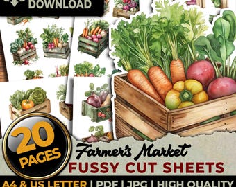 Cassette di verdure del mercato agricolo, Fussy Cuts, fogli stampabili di effimeri, diari di scarto, pianificatori, ritagli di artigianato, album di ritagli, sublimazione A4 e US Letter