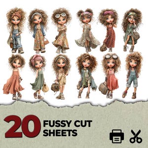 May include: A collection of 20 fussy cut sheets featuring illustrations of young characters with curly brown hair, wearing various outfits including dresses, overalls, and jackets, with accessories like headbands and bags. Text reads 20 FUSSY CUT SHEETS.