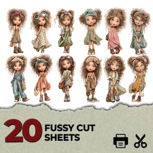 May include: A collection of twelve illustrated dolls with curly brown hair, each wearing different outfits including dresses, jumpsuits, and accessories like headbands and glasses. The text 20 FUSSY CUT SHEETS is displayed with printer and scissor icons.