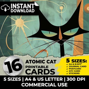 Kit de journal indésirable ATC Cards Mid Century Cat, papiers numériques imprimables éphémères, pages de journal de scrapbooking, fournitures A4, lettre américaine Cat Mom