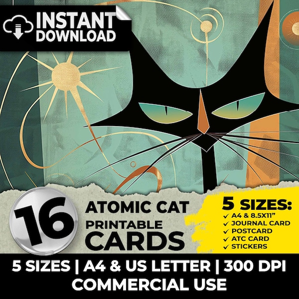 Atomic Cat Mid Century ATC Cards Junk Journal Kit Ephemera Printable Digital Papers Scrapbooking Journal Pages Supplies A4 US Letter Cat Mom