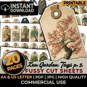 May include: A collection of printable gift tags featuring various tree illustrations, including a prominent tag with a red-leafed tree. The sheets include text such as INSTANT DOWNLOAD, PRINTABLE, 20 PAGES, and Zen Garden Tags p. 2. FUSSY CUT SHEETS.