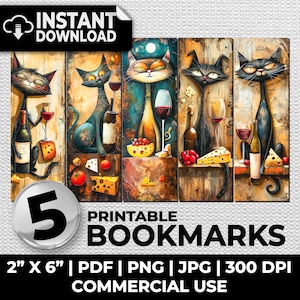 May include: Five printable bookmarks featuring whimsical illustrations of black cats enjoying wine and cheese. Each bookmark is 2 inches by 6 inches and comes in PDF, PNG, and JPG formats at 300 DPI.  Commercial use is allowed.