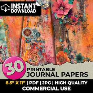Könnte beinhalten: Eine Sammlung von 30 druckbaren Journal-Papieren mit leuchtend orangefarbenen, rosafarbenen und türkisfarbenen abstrakten Hintergründen, floralen Illustrationen, Mandala-Mustern und Perlenschnüren. Der Text lautet 30 PRINTABLE JOURNAL PAPERS 8.5" X 11" | PDF | JPG | HIGH QUALITY COMMERCIAL USE.