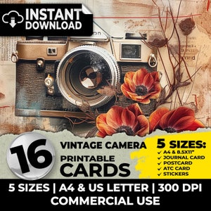 Câmera vintage flores atc cartões lixo diário kit coisas efêmeras imprimíveis papéis digitais scrapbooking diário páginas suprimentos a4 eua carta