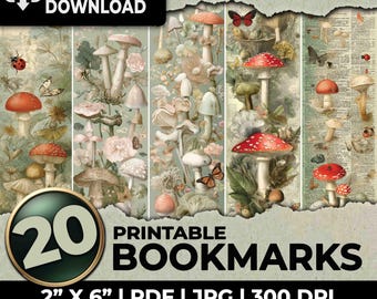 Cottagecore Mushroom 20 Bookmarks Printable Bookmark Sublimation Whimsical Ephemera Set Junk Journal A4 US Letter