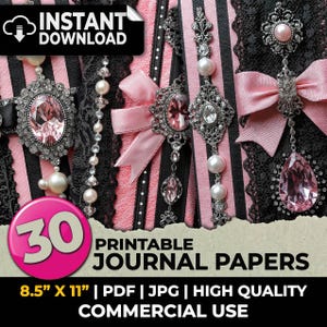 May include: A digital download graphic featuring pink and black striped journal papers. The image includes ornate silver embellishments with pink gemstones, pearls, and pink bows. The text reads "30 Printable Journal Papers, 8.5" x 11""