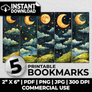Starry Night Bookmarks Moon Stars Bookmark Sublimation Whimsical Ephemera Printable Bookmarks Set Journal Digital Download Bookmark Set