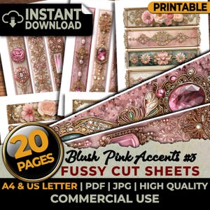 Blush Pink Vintage Jeweled Labels Tags Gilded Jewel Fussy Cuts Ephemera Sheets Junk Journal Planners Scrapbook Sublimation A4 & US Letter