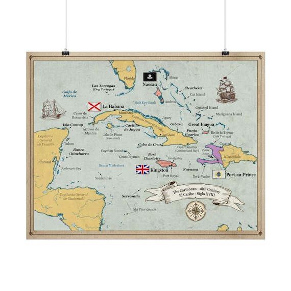 Pirate Golden Age map of the Caribbean - 18th Century