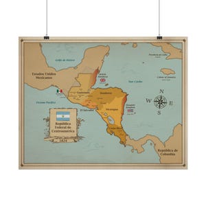Mappa acquerello d'epoca della Repubblica Federale dell'America Centrale del 1824, stampa artistica per la decorazione della casa, opera d'arte educativa