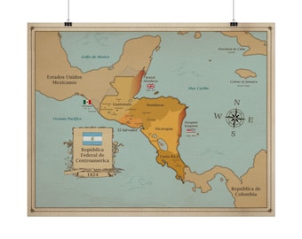 Central America 1824 Map Poster, Vintage Textured Art Print