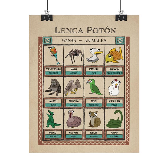 Salvadoran Lenca Vocabulary Animal Chart - Textured Matte Posters
