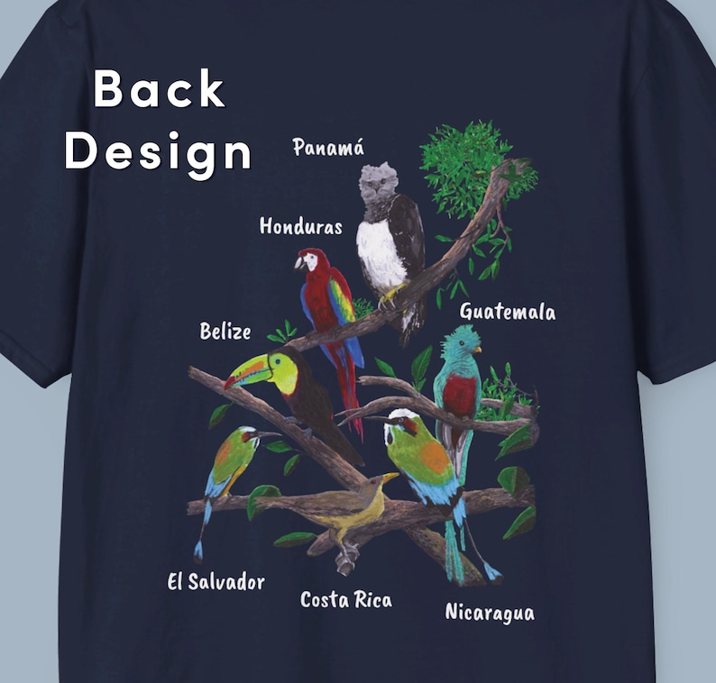 May include: A navy blue t-shirt with a colorful design of birds and trees. The birds are labeled with the names of Central American countries: Panama, Honduras, Belize, Guatemala, El Salvador, Costa Rica, and Nicaragua.