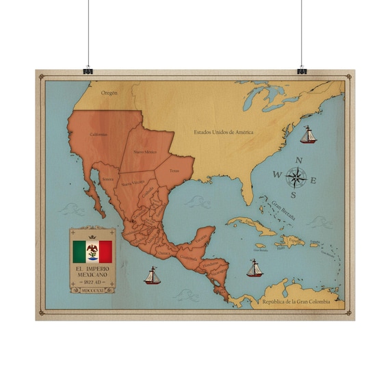 The Empire of Mexico 1822 Map Poster Vintage Watercolor Map Poster, Art Print for Home Decor, Educational Artwork