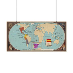 May include: A vintage world map print, depicting a historical view of the globe. The map features a light blue ocean, with continents in various colours. A Spanish flag and text are visible. The map is framed in a wooden border.