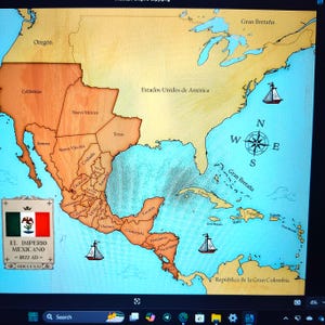 May include: A map of North America showing the borders of the Mexican Empire in 1822. The map is drawn on a parchment-like background with a compass in the center. The map shows the states of the Mexican Empire, including California, Texas, and Yucatan. The map also shows the United States of America, Great Britain, and the Republic of Gran Colombia.