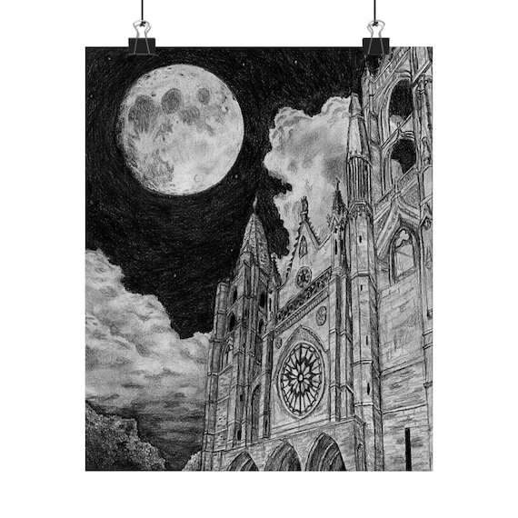 The Moon and Spanish Cathedral - Matte Vertical 9" x 11" Poster
